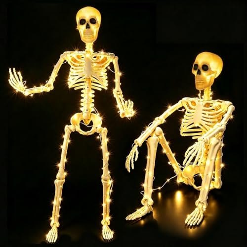 HBSTK 2 Pack 36 Inches 300 LED Light Up Halloween Skeleton Full Body Posable Movable Jonints for Halloween Decoration Dcor