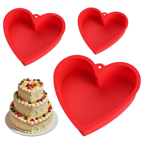Wondora 3 Stück Backform Herz, Herzform Backform Groß, Antihaft Silikon Herzform, Sicheres Material, Verschiedene Modelle, Geeignet für Dreidimensionale Kuchen, Lasagne, Pudding, Desserts (Rot)