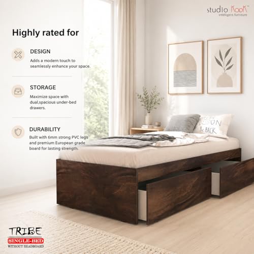 Image of Studio Kook Tribe Engineered Wood Single Bed with Dual Storage Drawers | Without Headboard (78x36 Inches, Junglewood, Matte Finish)
