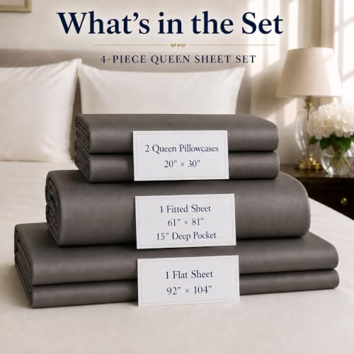 Image of 800TC Queen Sheet Set, Luxury 15 inch Deep Pocket Queen Sheets - Granite Grey | Luxury Egyptian Cotton Cooling Sheets & Pillowcase Sets, No Pill Soft Sateen Weave Bed Sheets Queen Size - OEKO-TEX Certified