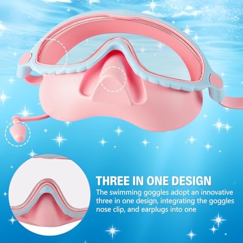 Image of PROBEROS Swimming Goggles for Kids, 2-in-1 Wide View Goggles Lenses with Anti-Choke Nose Cover & Intergrated Earplugs, Adjustable Headstrap No Pressure Swim Goggles for Children for 4-12 Years, Pink