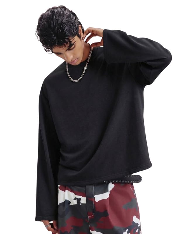 Image of Full Sleeve White & Black Cotton Oversized Solid Men's T-Shirt | Crew Neck Relaxed Fit Long Sleeve Tee | Breathable Winter Layering Essential | Sizes S to XL | TS115-BLK-S