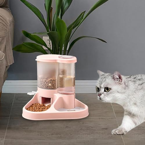 Image of Dog Bowl, 2 in 1 Automatic Cat Food and Water Bowl Set with Water Dispenser and Stainless Steel Bowl for Cats and Small Dogs Automatic Water Feeder Water Drinker (Pink)