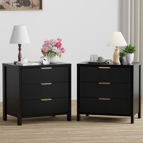 Image of Fluted Nightstands Set of 2, 23.7'' Wide Night Stand with 3 Drawers, Mid-Century Modern Bedside Table with Handles, Wood End Table for Bedroom, Black