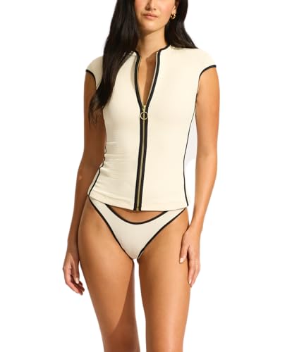 Seafolly Women's Short Cap Sleeve Zip Front Rashguard with Removable Cups