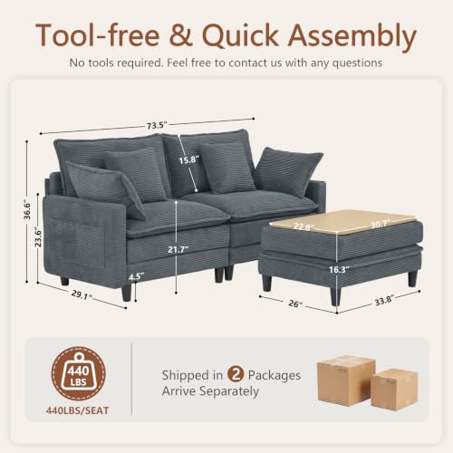 Image of 73.5 inch L-Shaped Cloud Sofa, Modular Sectional Couch with Ottoman Coffee Table, Corduroy Deep Seat Loveseat with Pillow, Comfy Modern Couch for Living Room Bedroom Apartment, Grey