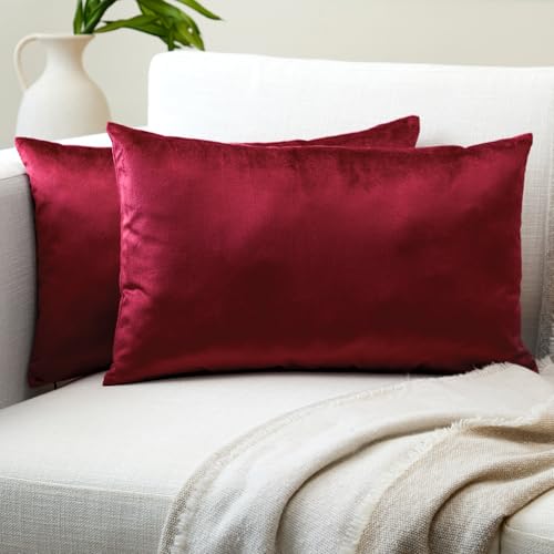Image of Encasa XO Velvet Throw Pillow Covers 12x20 in (30x50 cm) - Maroon - No Inserts, Pack of 2 Cases | Solid Plain Dyed Soft & Smooth, Square Decorative Cushion Covers for Living & Bedroom