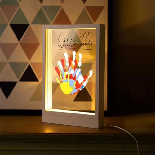 SciFiVisi Familien Handabdruck Set mit LED Nachtleuchte Fußabdruck Baby Set und für die Ganze Familie mit 4 PS-Platten handabdruck set für paare Holzrahmen Zum Basteln für Geschenk (Weiß)