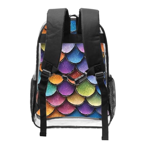 Mermaid Fish Scale Print Work Travel Stadium Events Transparent Backpack PVC Clear Bag Large Side Pockets2
