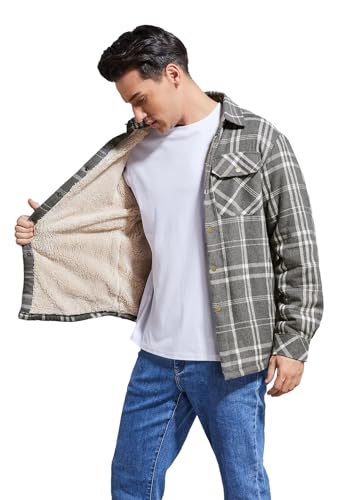 Image of Men's Sherpa Cotton Flannel Shirt Jacket Plaid Button Coat Pocket