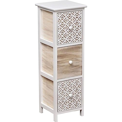 TENDANCE Meuble carré 3 tiroirs Séri Bois Blanc et décor - Naturel