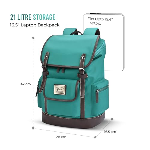 Image of Gear Classic 16.5 inch /21L Medium Water Resistant Faux Leather Anti Theft Knapsack | Laptop Bag | Casual Bag | Travel Bag for Men /Women (Green - Brown)