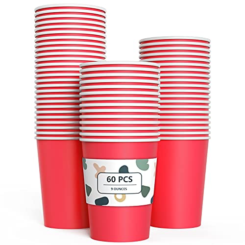 60 Piezas Vasos de Papel Rojo Tazas de Fiesta Desechables Vasos Carton de Biodegradables y Compostables para Fiestas, Suministros de Cumpleaños, Bricolaje,Café - 250ml Cover