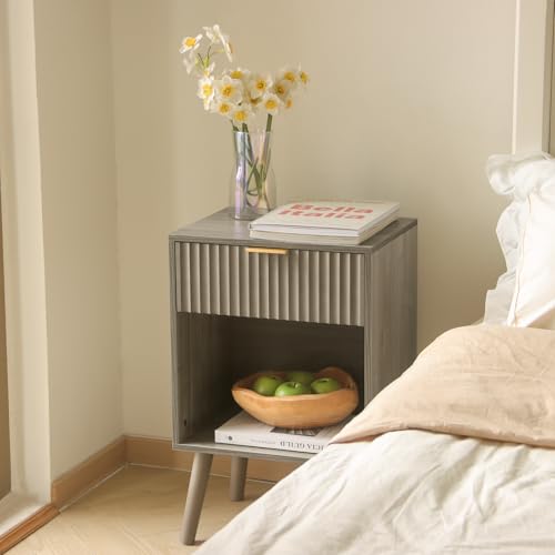 Image of Fultyle Mid Century Modern Nightstand, Wood Bedside Table with Drawer and Opening Storage, End Table Living Room Fluted Night Stand with Solid Wood Legs for Bedroom (Grey)