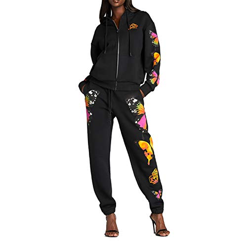 Women 2 Pieces Butterfly Print Street Wear Sweatsuit Set Female Zipper Up Hoodies Coats Pants White Black (Black, M)