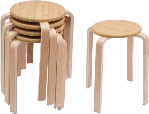 Juego de 4 taburetes redondos apilables, taburetes de bar de madera maciza para el hogar, cocina, oficina o aula, sillas apilables de madera curvada para el comedor
