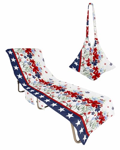 Blue Red Floral 4th of July Beach Lounge Chair Towel Cover, Soft Chaise Lounge Towel with Side Pockets Patio Pool Chairs Cover for Beach/Pool Sunbathing 29x85 Star Independence Day
