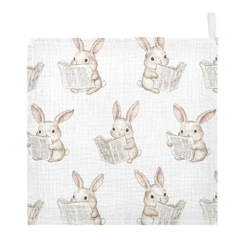 Image of vvfelixl Bunny Reading Newspapers Baby Burp Cloths Baby Muslin Washcloths for Boys Girls Cotton Babys Face Towel for Newborn Infants Soft and Absorbent 11.8 X 11.8 in, 5 Pack