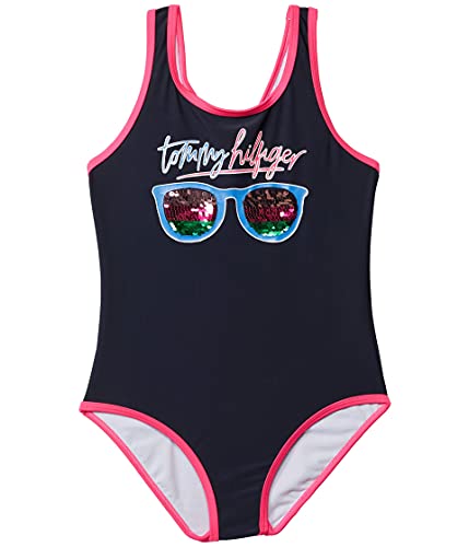 Tommy Hilfiger Girls' One-Piece Reversible Sequin Swimsuit with Contrast Binding (Big Kids)