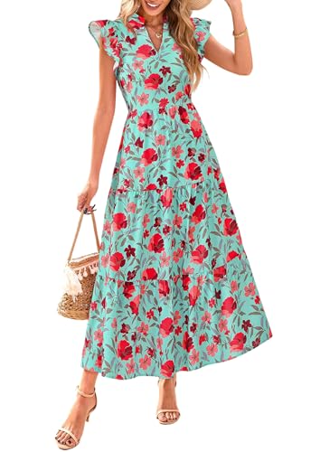 Image of PRETTYGARDEN Women's 2026 Summer Floral Midi Dress Cap Sleeve V Neck Ruffle Long Flowy Boho Casual Beach Vacation Dresses