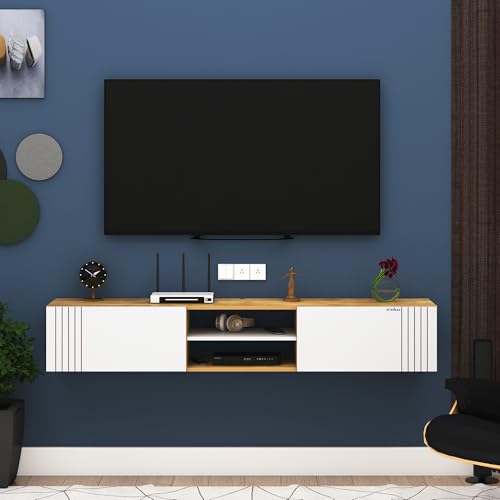 Image of Anikaa Nimbus Wall Mount TV Unit Cabinet | Modern Entertainment Center with Storage, Drawers, Shelves & Soft-Close Doors | Stylish Floating TV Stand for Up to 50 inch TVs - Giantwood /White (DIY)