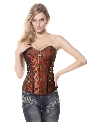 Image of Charmian Women's Steel Boned Steampunk Gothic Bustier Corset with Chains | Overbust Corset, Premium Brocade & Leather, Clasp Closure, Lace-up Back