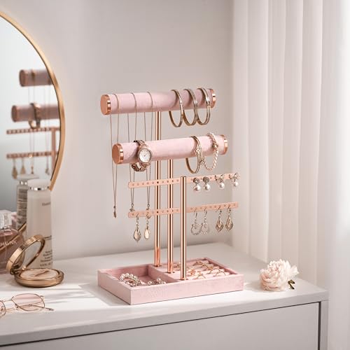 Image of Jewelry Organizer Stand for Necklaces, Bracelets, Earrings, Rings, Pink | 3 Tier Velvet Bracelet Holder Display | Jewelry Organizers and Storage | Jewelry Tree | Jewelry Towers