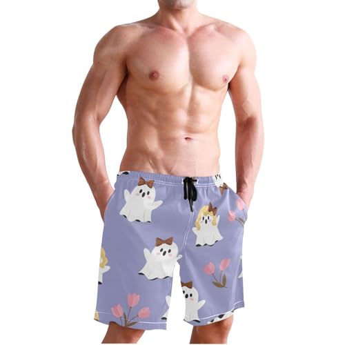 Men's Swim Trunks Quick Dry Swimming Shorts with Pocket Cute Ghosts with Flowers Pattern Swimsuit Trunks3