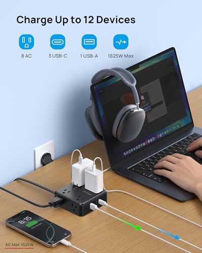 Image of TROND Surge Protector Power Strip, 10FT Flat Plug Extension Cord with 8 Outlets & 4 USB Ports (3 USB C), 1625W, Wall Mount Outlet Extender for Home Office Dorm Room Essentials, Black