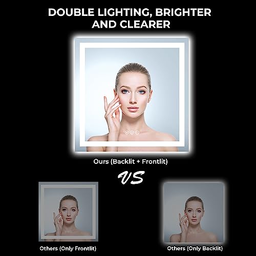 Image of 36x36 Inch LED Bathroom Mirror with Lights Front and Backlit Lighted Vanity Mirror for Bathroom Wall with 3 Colors Dimmable Anti-Fog Memory Shatter-Proof IP54 Waterproof Horizontal /Vertical