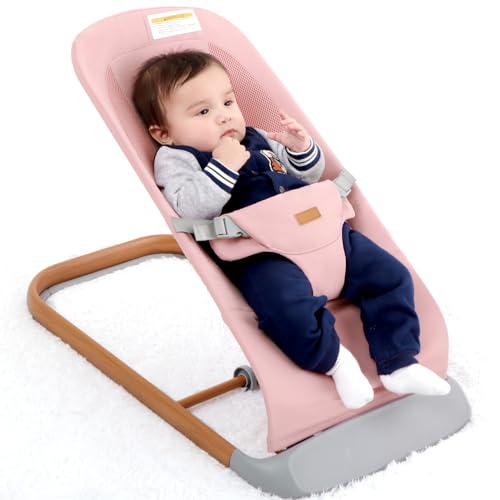 Image of AMKE CooCon Baby Bouncer,Ergonomic Bouncer Seat for Babies with 3 Recline Positions,Portable Newborn Bouncer Seat, Mesh Design Bouncers for Infants,Pink