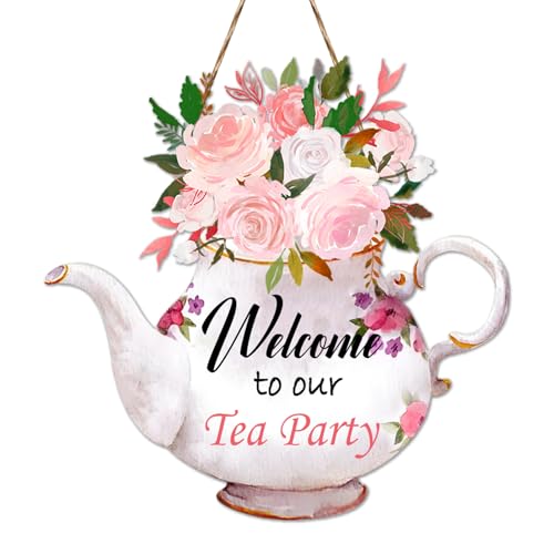 CANIPHA Tea Party Decorations Door Sign, Colorful TeaPot-Shaped Tea Party Decor Hanging Door Plaque Floral Themed Welcome Sign for Party, Tea Party Decors for Women Home Front Door Tea Party Supplies