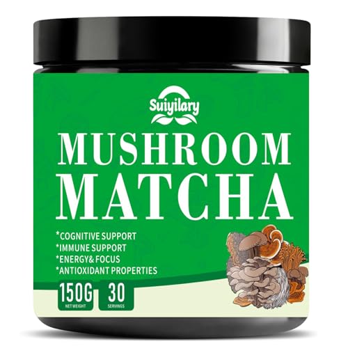 Mushroom Matcha, Ceremonial Matcha Tea Powder with 7 Superfood Mushrooms, Gluten Free, Taste Great Hot or Cold Matcha Latter - 150g 30 Serving