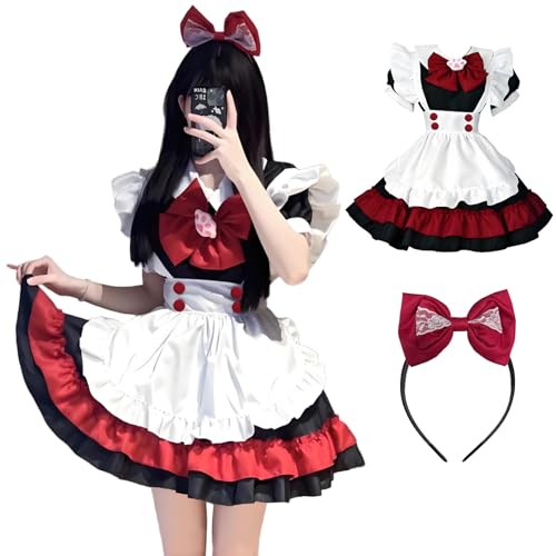 YushengTai Maid Dress Cosplay, Schwarz Rot Maid Kostüm Anime Cosplay, Süße Maid Outfit, Klassisches Maid Cosplay Kleid mit Bows Stirnband,...