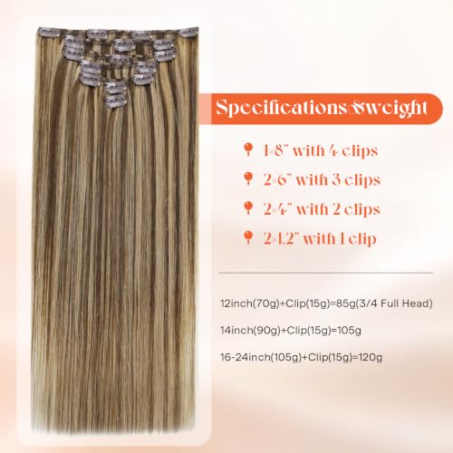 Image of Sunny Hair Clip in Hair Extensions Real Human Hair Brown Highlight 14 Inch | Clip in Hair Extensions for Women Caramel Blonde Highlights, Secure Clips, Easy to Wear, Natural Blend for Formal Event 105g
