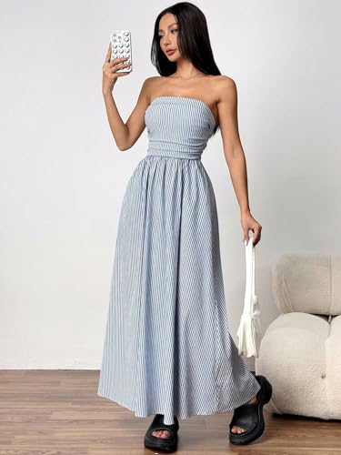 SKAYS Womens Striped Strapless Tube Maxi Dress Sexy Back Smocked A Line Vacation Long Dresses with Pocket2