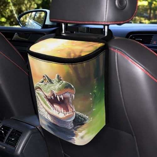Image of DISNIMO Crocodile Hanging Car Trash Can Black Car Garbage Storage Bag with Lid Auto Rubbish Bin Leak-Proof Cars Trash Can Portable Organizer for Men Women Keeps Clean