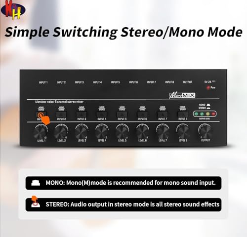 Image of kh 8 Channel Line Mixer Ultra Low Noise Compact Audio Mixer with Type C 5V Power and Individual Volume Controls for Home Studio Stage Performance Bars and Small Venues