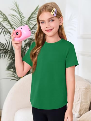 Haloumoning Girls Short Sleeve T Shirts Kids Summer Crewneck Tops Curved Hem Tees 5-14 Years4