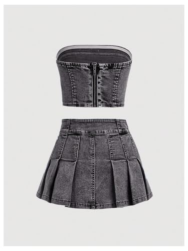 Image of WDIRARA Girl's Y2K 2 Piece Outfits Bandeau Tube Tops Jeans Denim Sets A Line Pleated Mini Skirt Set