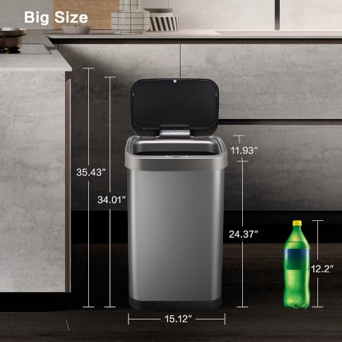 Image of 13 Gallon Trash Can, Touchless Stainless Steel Kitchen (Titanium) | Automatic Motion Sensor Lid | 50L Fits 13 Gal Tall Kitchen Bags | Anti-Fingerprint Brushed Finish | For Home Office