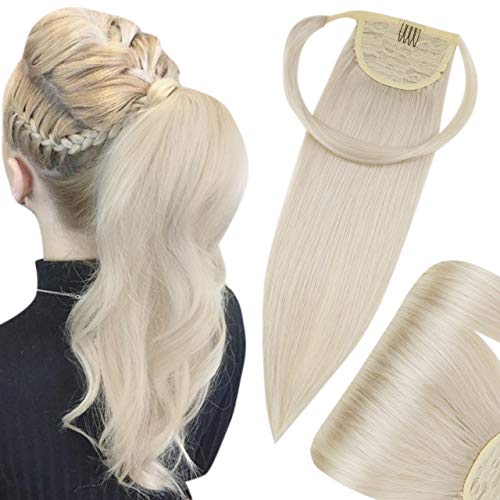 Hetto Blonde Ponytail Human Hair Extensions 18 Inch 80g Natural Wrap Around Ponytail Extensions #60 White Blonde One Piece Ponytail Silky Straight Hair