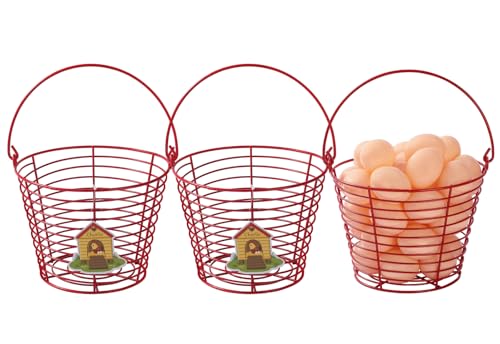 Chorlie 3 Pack 8 Inches Metal Mesh Wire Egg Collecting Basket with Handle Portable Garden Vegetable Fruit Storage Lightweight Hanging for Kitchen Farmhouse Gathering Picnic (Red)