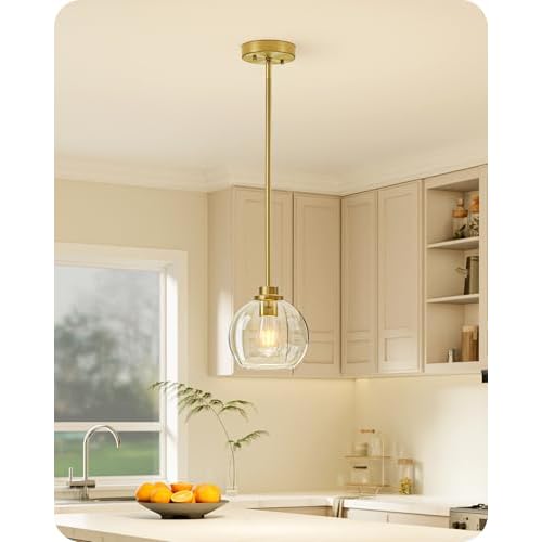 EDISHINE Pendant Lights Kitchen Island, Modern Gold Hanging Light Fixture with Clear Glass Globe Shade, Hardwired Adjustable Metal Rod for Dining Room, Entryway, 1 Pack Gold 1 Pack