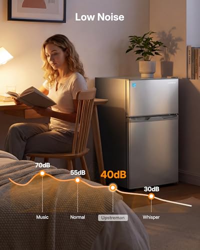 Image of Upstreman 3.1 Cu.Ft Mini Fridge with Freezer, Double Door Small Refrigerator, Adjustable Thermostat, Energy Star Certified Low Noise Mini Refrigerator for Bedroom, Dorm, Apartment Silver-TM31