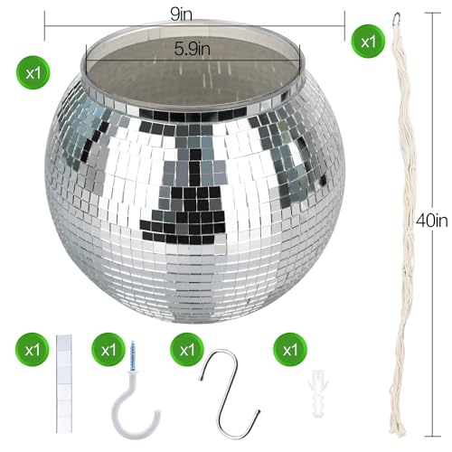 FGBNM Disco Ball Planter, 1pcs 9” Silver Disco Ball Planter, Disco Ball Plant Hanger with Hanging Rope, Hanging Chain, Hook, Circle and Extra Mirror Pieces