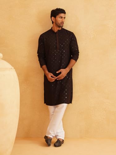 Image of SOJANYA (Since 1958 Men's Cotton Gold Embroidered Sequinned Kurta With white churidar Pyjama