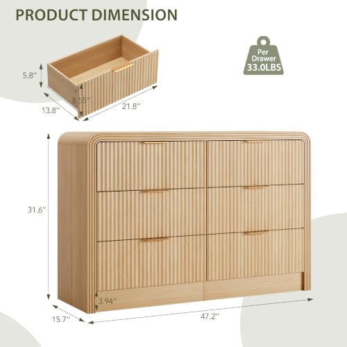 Image of Decofy Fluted 6 Drawers Dresser, 47.2'' Wide Chest of Drawers for Bedroom | Round Edge & Metal Handle, Modern Wood Drawer Organizer for Living Room, Entryway, Hallway, Oak