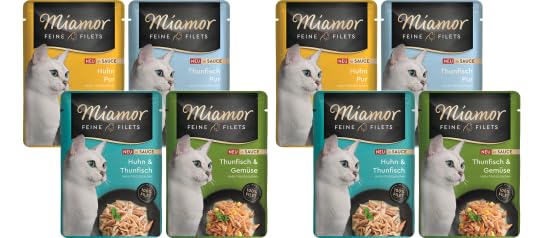 Miamor Feine Filets in Sauce 8 x 100g Mixpaket | Getreidefrei, Fettarm, Ohne Zucker & Nebenerzeugnisse, Hochwertige Filetstückchen | im Frischebeutel | Nassfutter für Katzen