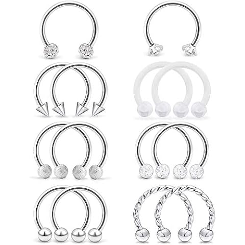 VF VFUN 16G Septum Nose Rings Stainless Steel Retainer Spike Crystal Ball Helix Cartilage Tragus Earrings Horseshoe Piercing Jewelry for Women Men 10mm Cover
